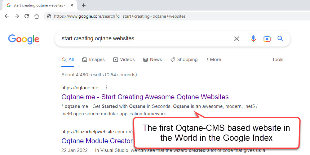 The first Oqtane-CMS Based Website in the World in the Google Index